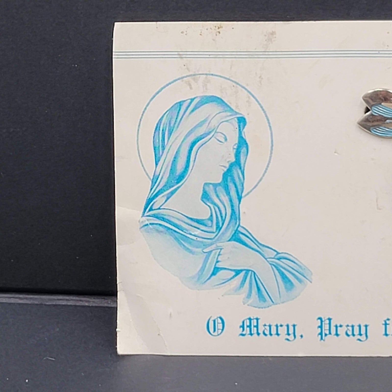 Vintage Mary Pray For Us Medal Silver tone Pin 1.25"