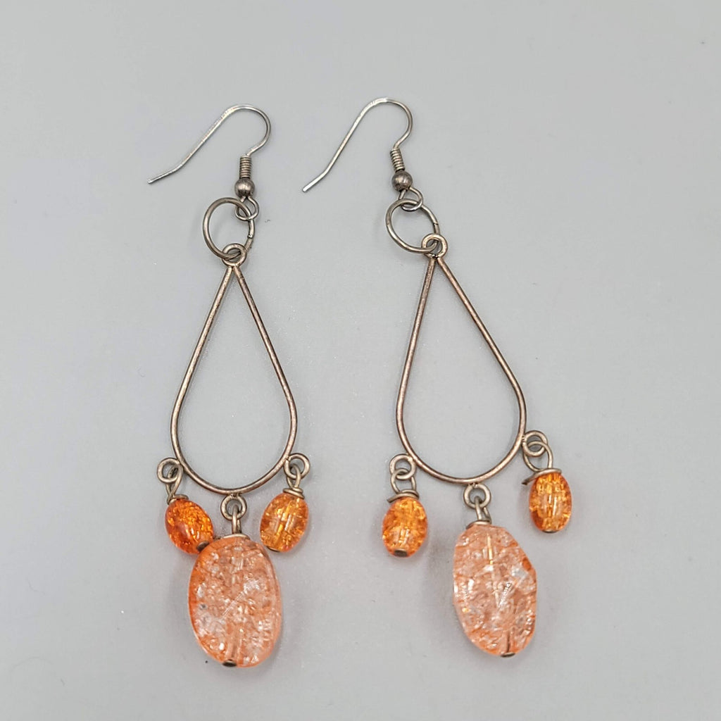 Confetti Orange Bead Pierced Earrings Silver tone Dangle 2.75"