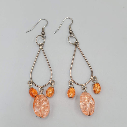 Confetti Orange Bead Pierced Earrings Silver tone Dangle 2.75"