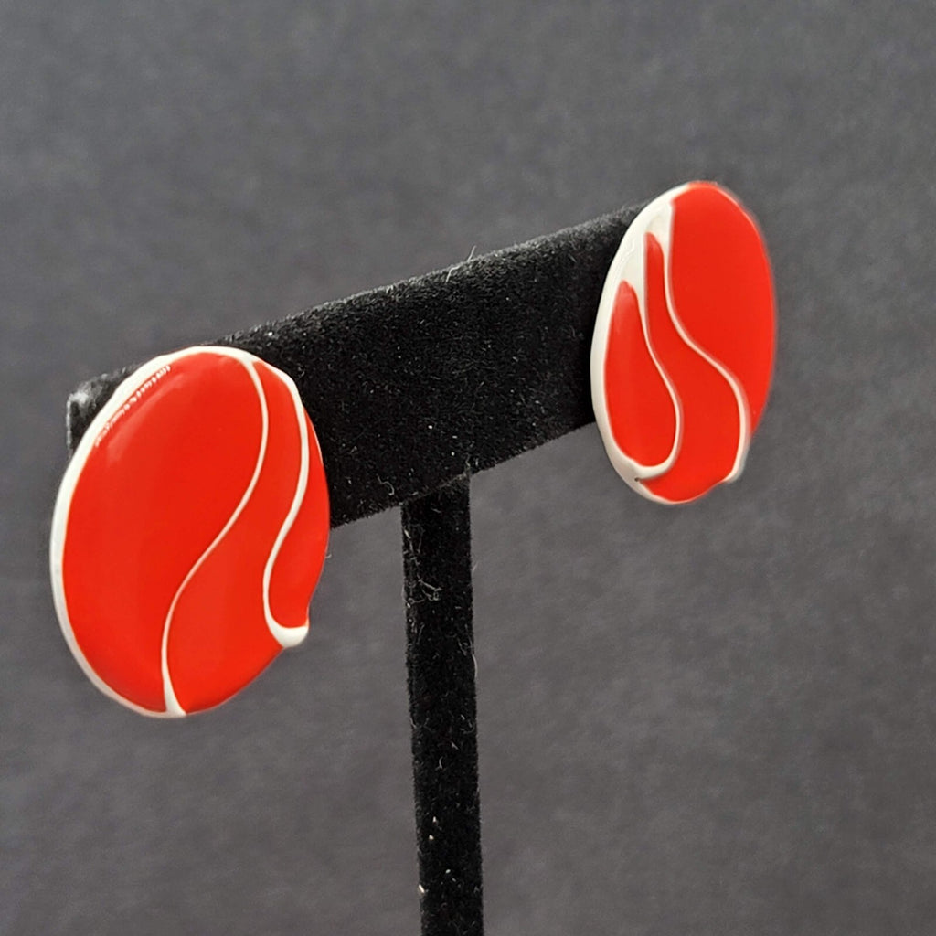 Vintage Pierced Earrings Heavy Enamel Red White Disc Studs 7/8"
