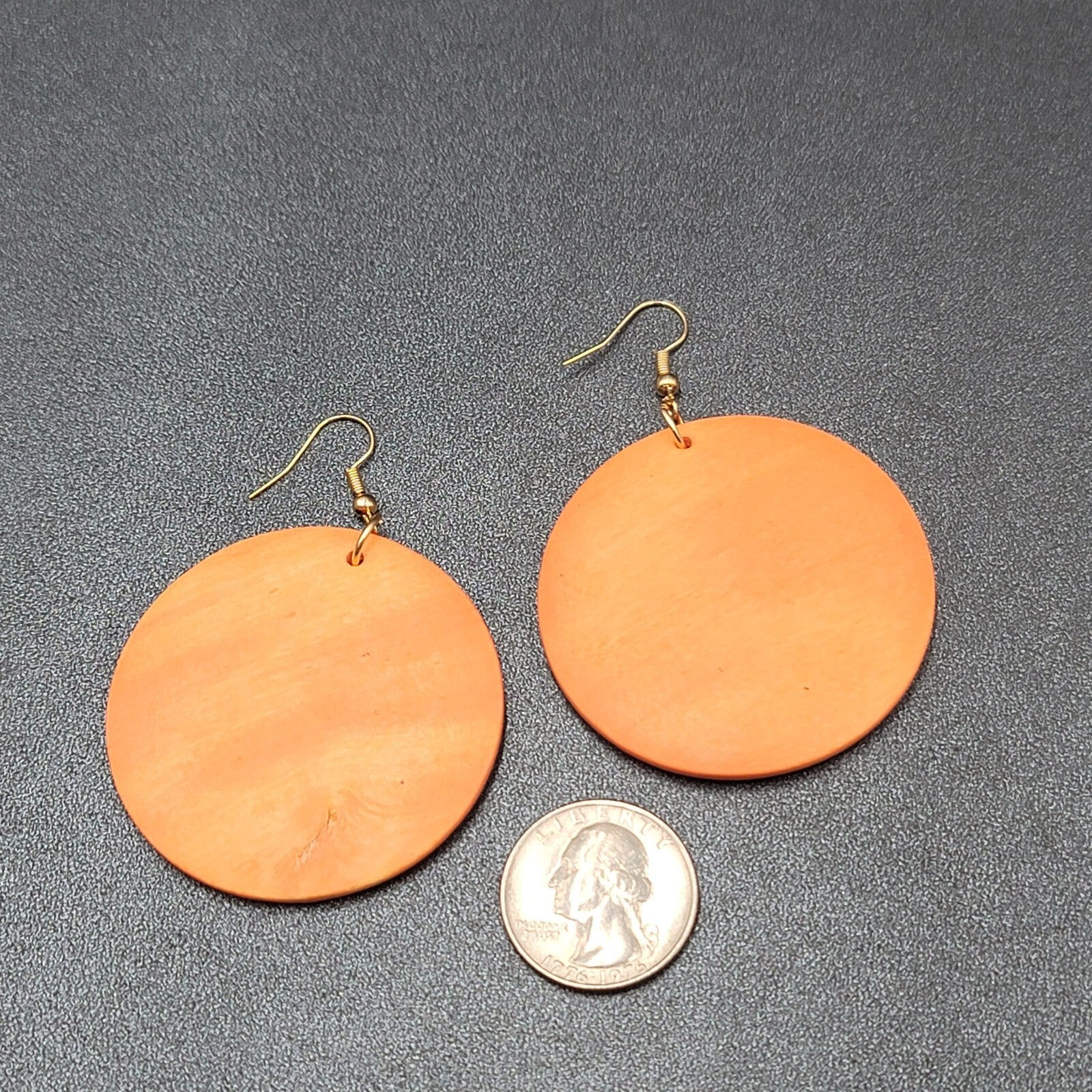 New Boho Pierced Earrings Orange Large Round Wood Disc Dangle 2"