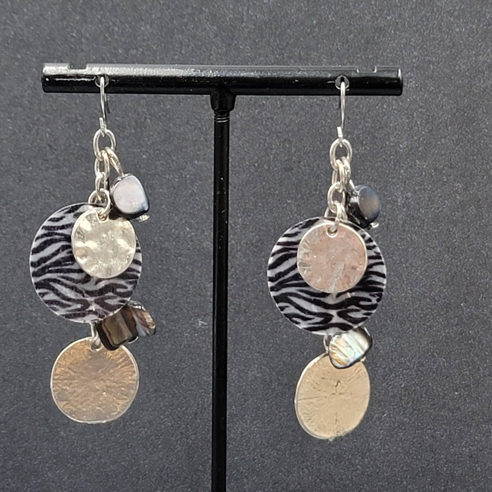 Pierced Earrings Silver tone Dangle Black Shell Beads 2"