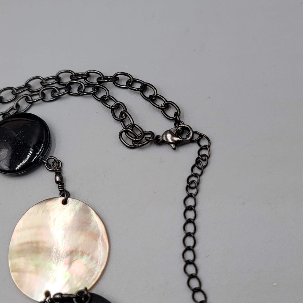 Cookie Lee Black Wood Shell Station Necklace Statement Long 30"+