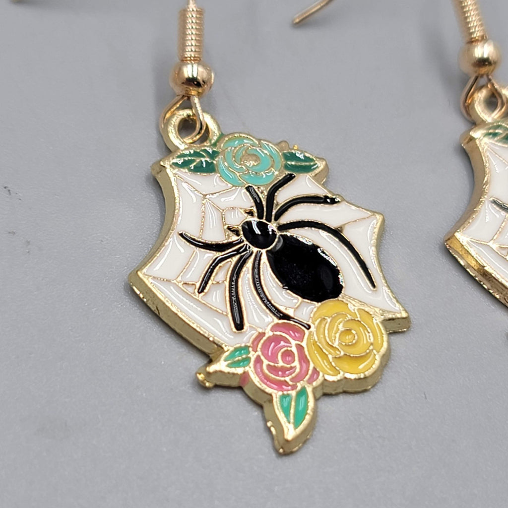 Pierced Earrings Gold tone Enamel Red Rose Moth Dangle 1"
