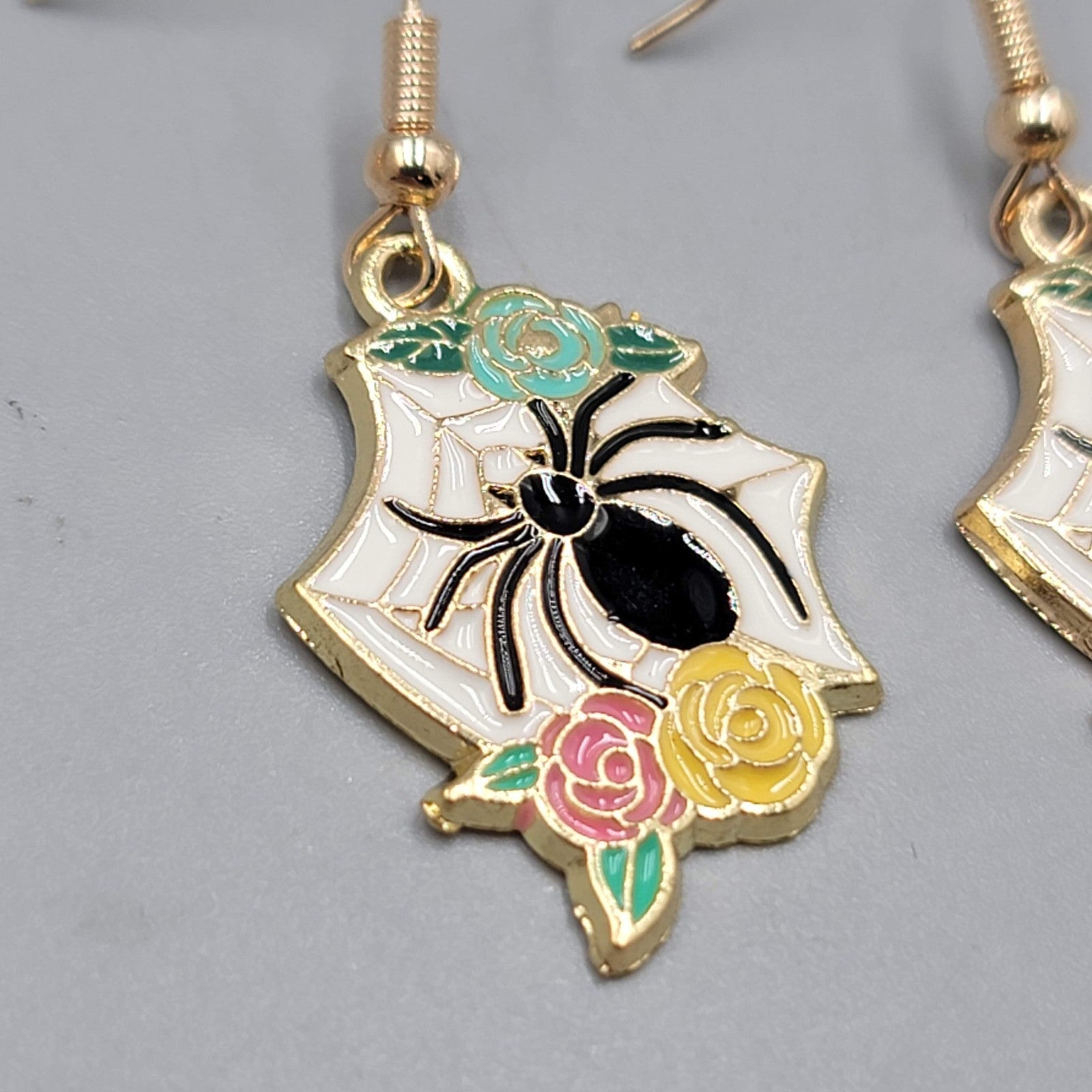 Pierced Earrings Gold tone Enamel Red Rose Moth Dangle 1"