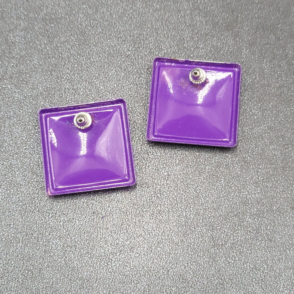 Vintage Pierced Earrings Purple Enamel Square 1"