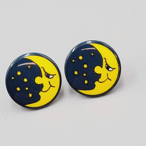 Crescent Moon Pierced Earrings Man in the Moon Round Night Sky 5/8"