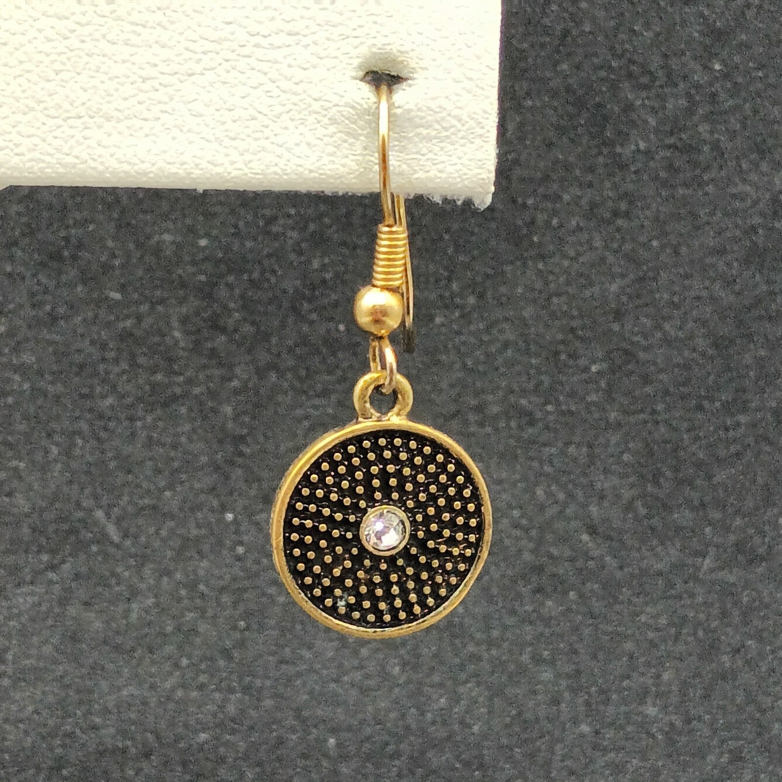 Pierced Earrings Textured Bronze tone Crystal Rhinestone Round Dangle Small 1/2"