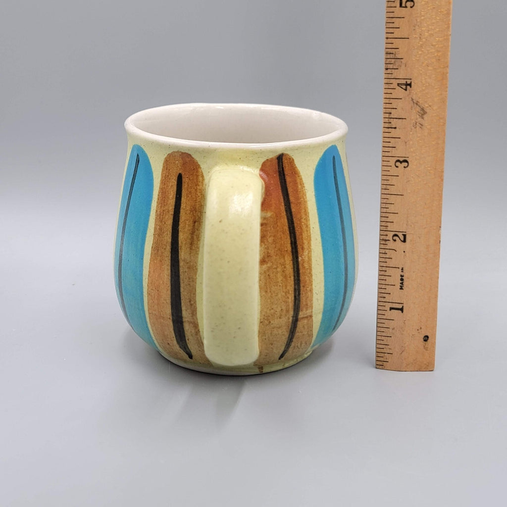 Vintage Small Stoneware Coffee Mug Blue Yellow 8 oz