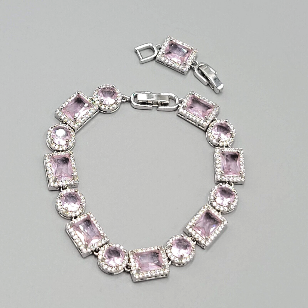 Pink Crystal Tennis Bracelet Silver Plated 1" Extender 6.5" or 7.5"