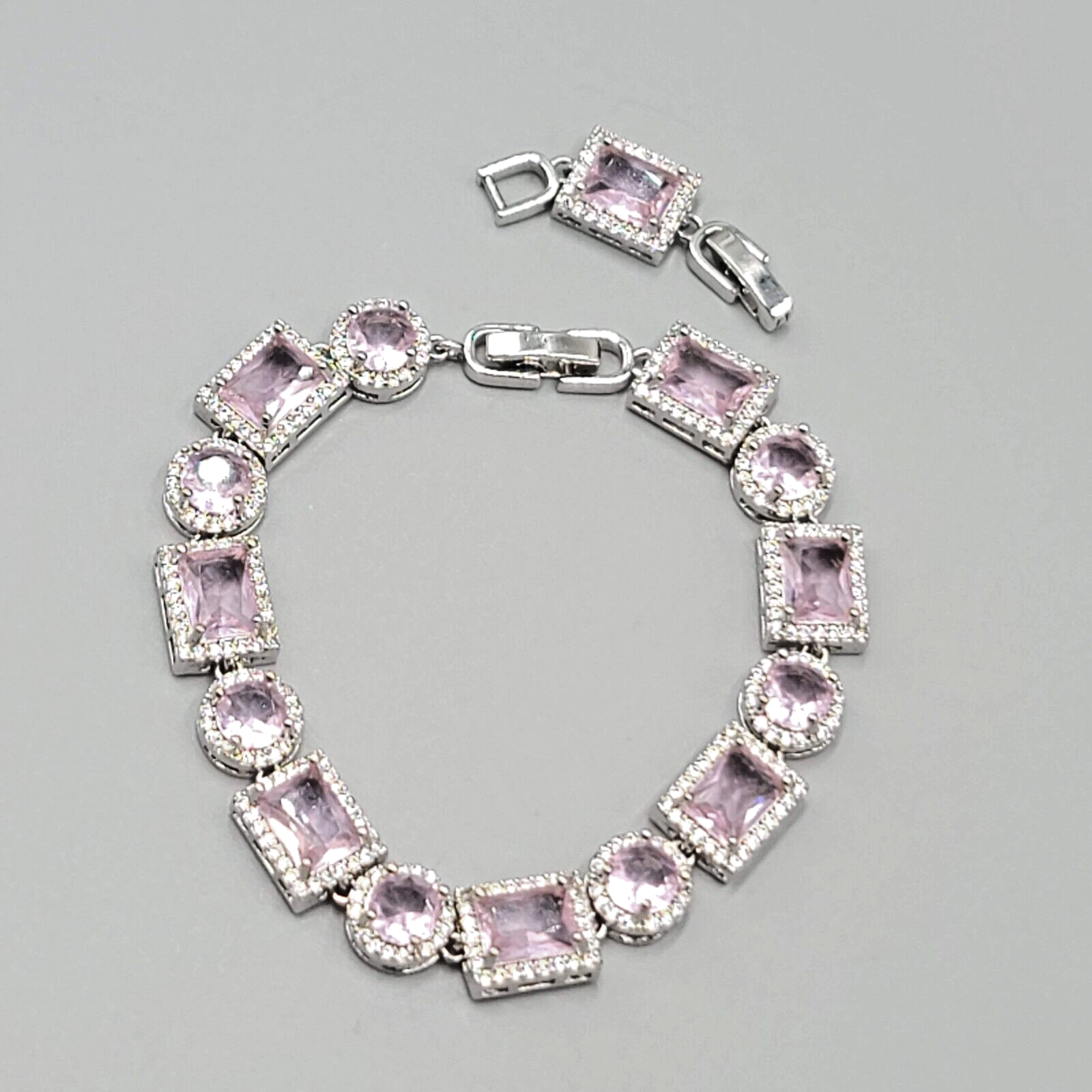 Pink Crystal Tennis Bracelet Silver Plated 1" Extender 6.5" or 7.5"