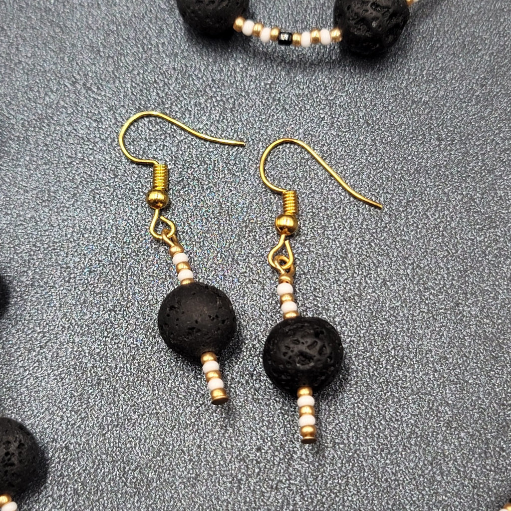 Beaded Necklace Bracelet Earrings Set Gold tone White Black Lava Bead Set