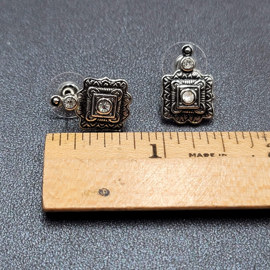 Pierced Earrings Silver tone Black Embossed Crystal Studs So Pretty! 5/8"