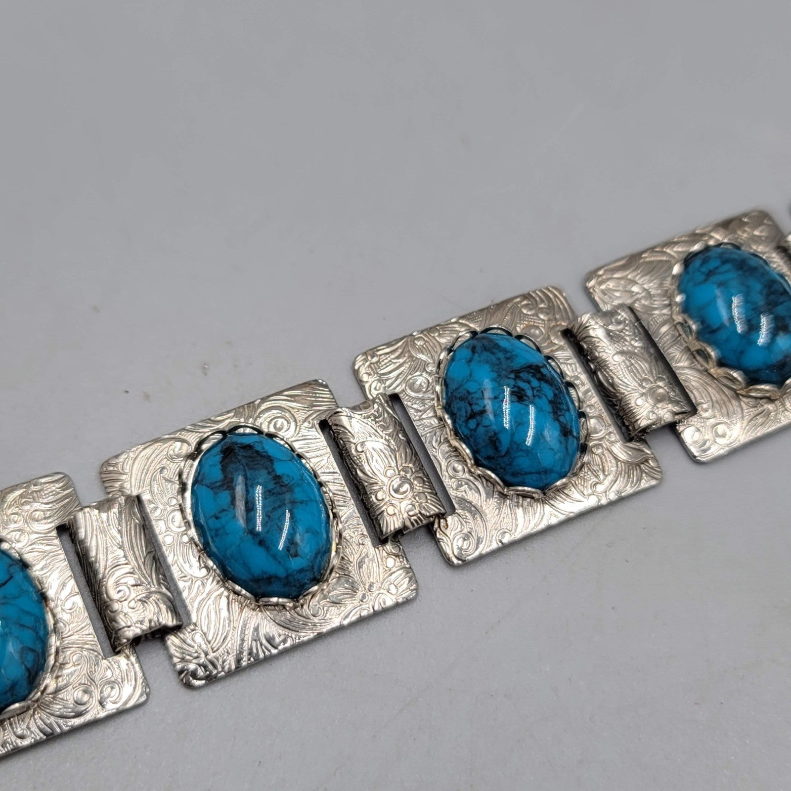 Vintage Panel Bracelet Silver tone Blue Black Cabochon 6.5 in
