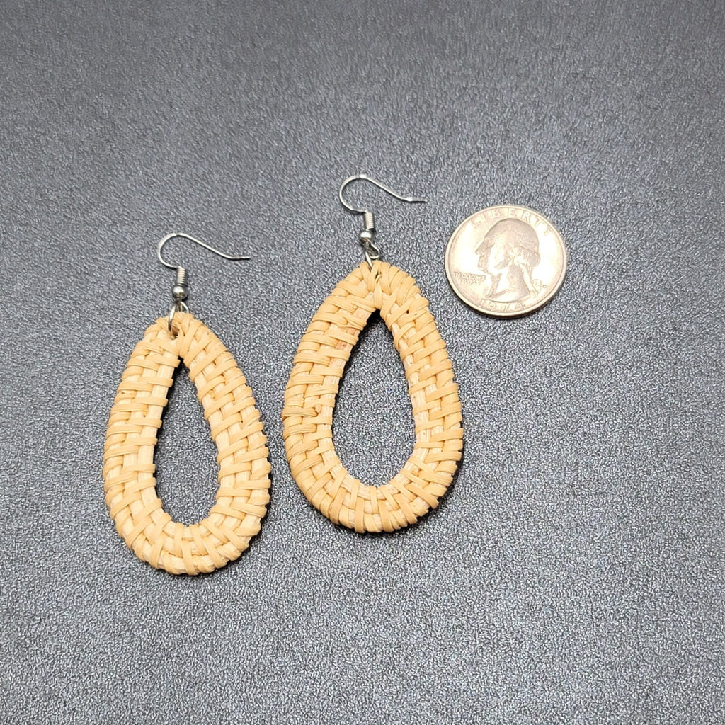 Pierced Earrings Rattan Open Teardrop Dangle Silver tone Hook 2.25"