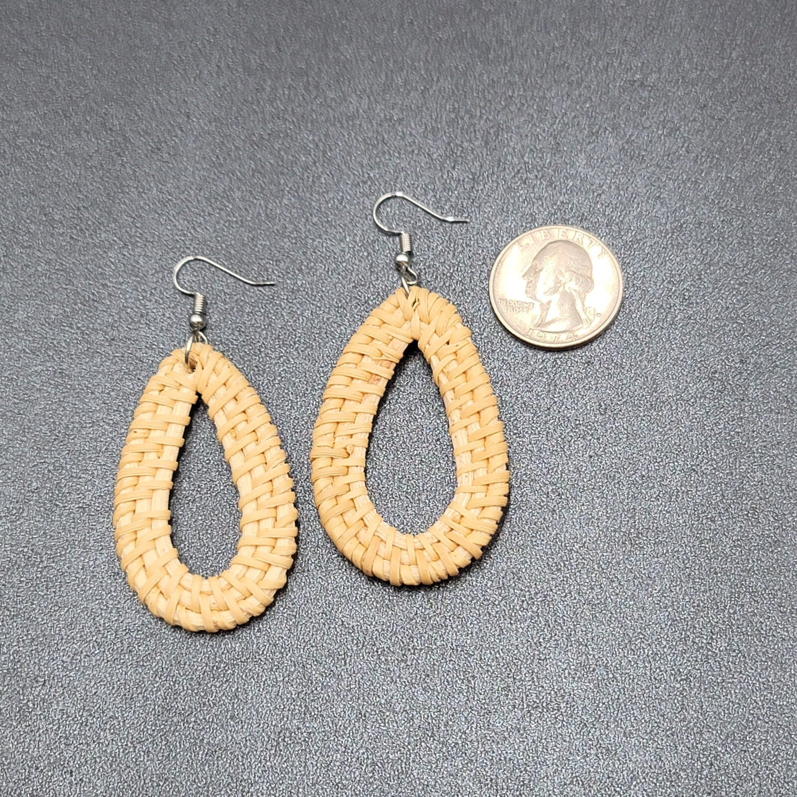 Pierced Earrings Rattan Open Teardrop Dangle Silver tone Hook 2.25"