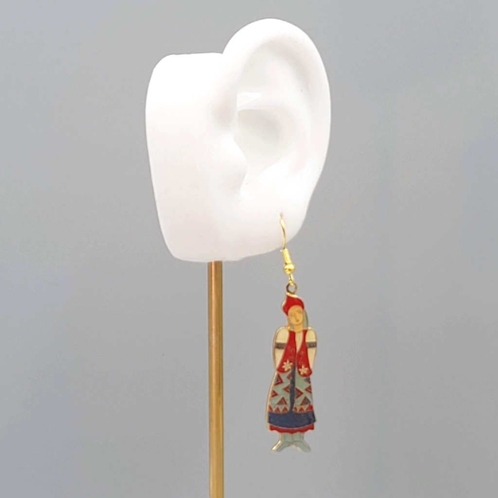 Vintage Pierced Earrings Russian Folk Dress Lady Woman Figure Dangle 2"