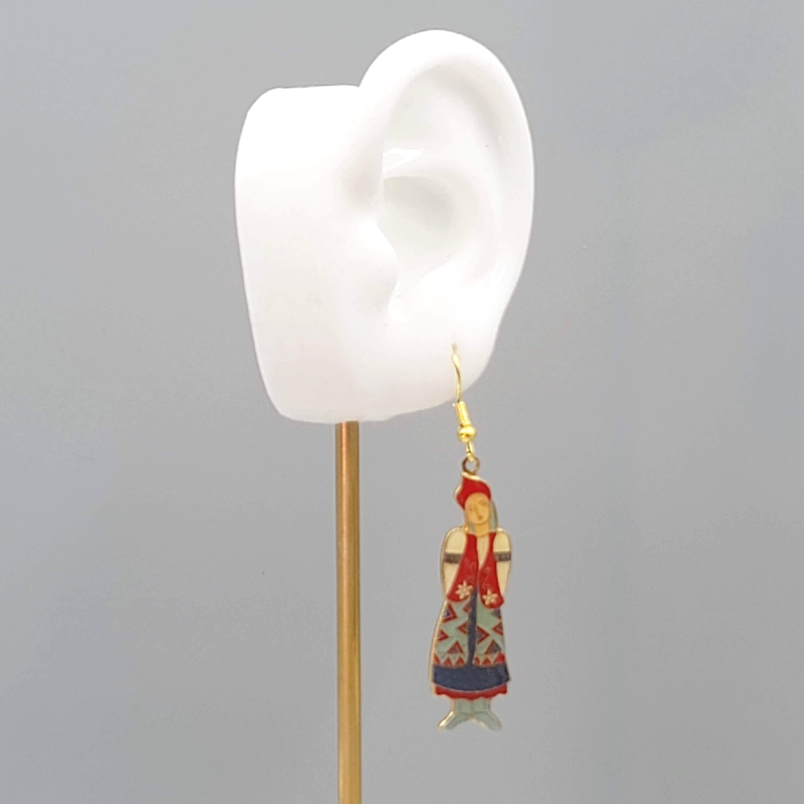 Vintage Pierced Earrings Russian Folk Dress Lady Woman Figure Dangle 2"