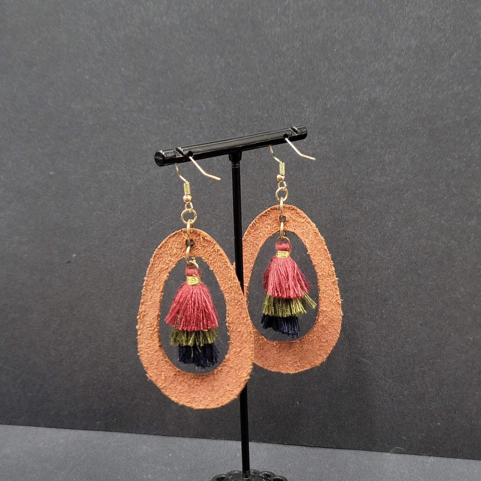 Pierced Earrings Dusty Rose Pink Leather Teardrop Tassel Boho Art  2.5"