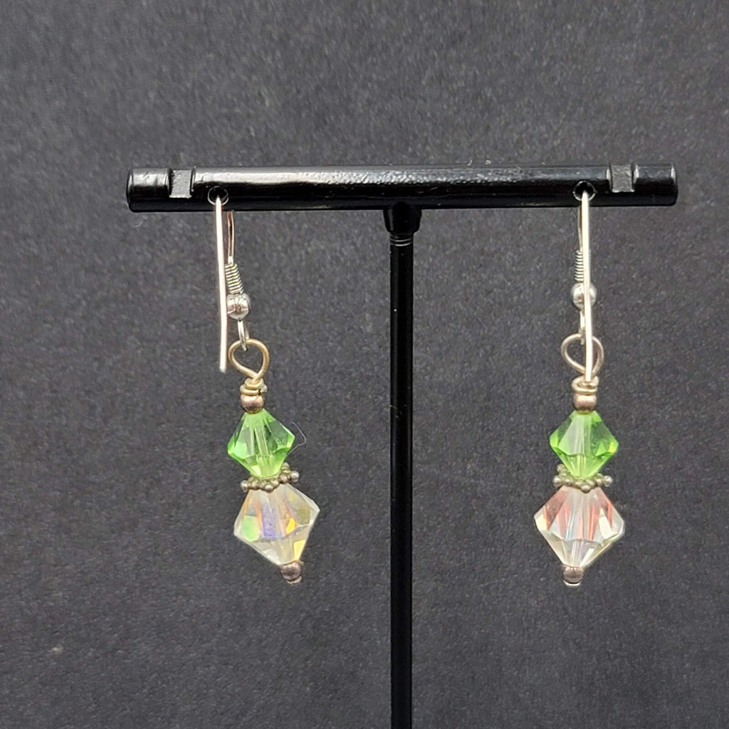 Pierced Earrings Silver toneGreen AB Bicone Christal Beads Dangle  1 1/8"