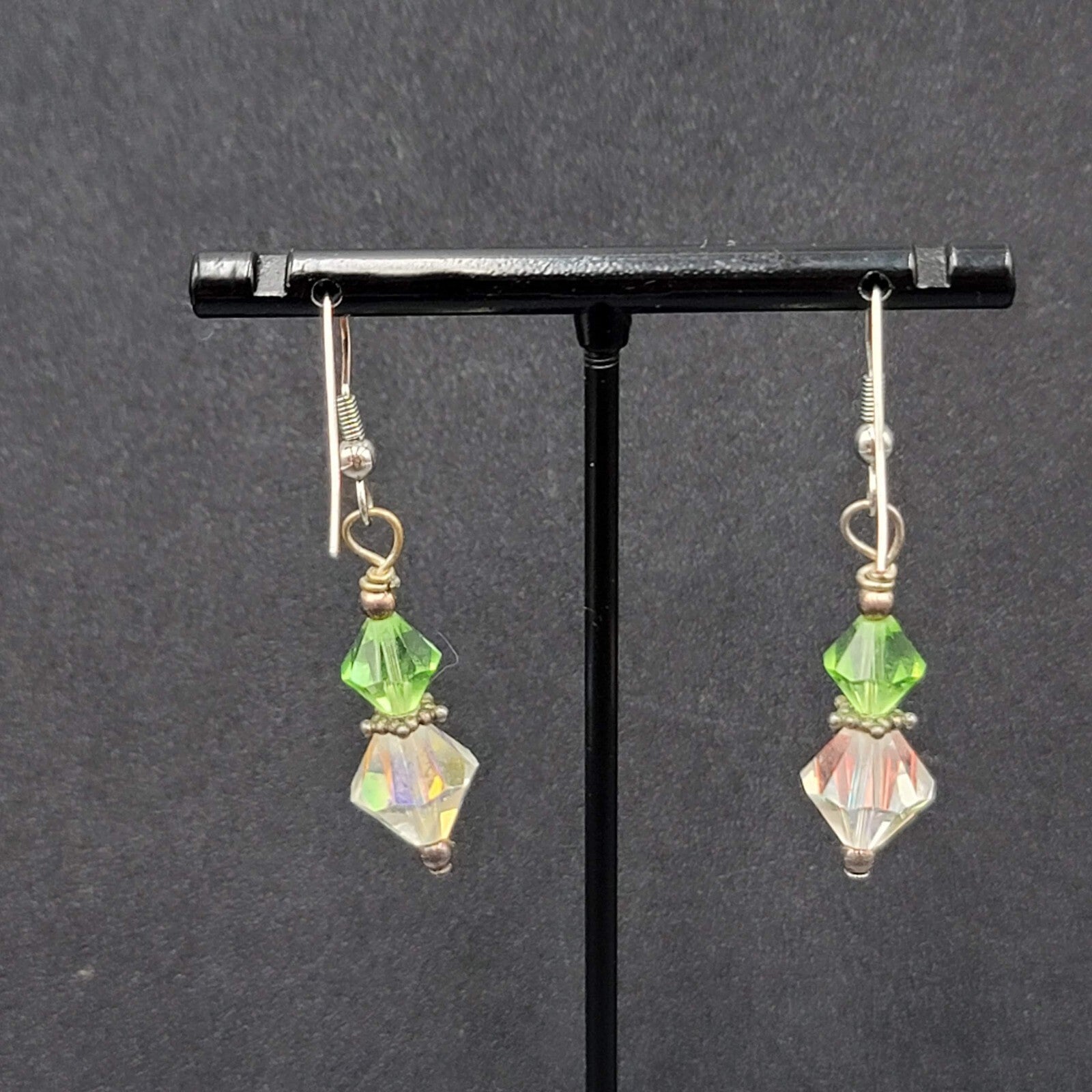 Pierced Earrings Silver toneGreen AB Bicone Christal Beads Dangle  1 1/8"
