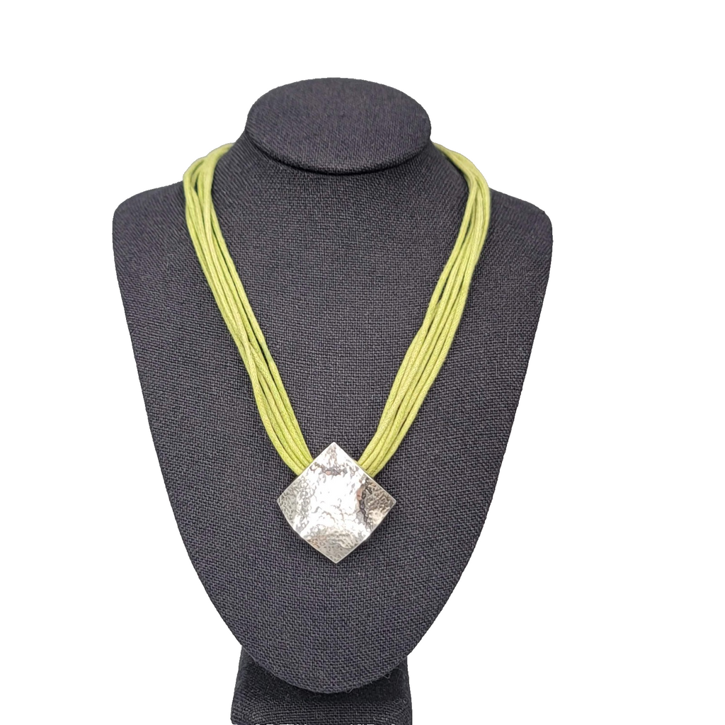 Hammered Square Sterling Silver Pendant Necklace Green Cord Chocker 14"