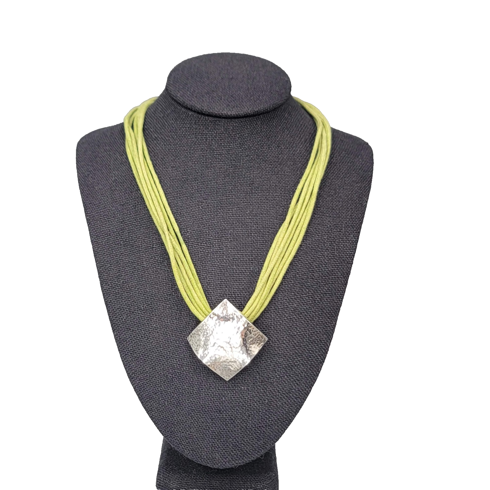 Hammered Square Sterling Silver Pendant Necklace Green Cord Chocker 14"