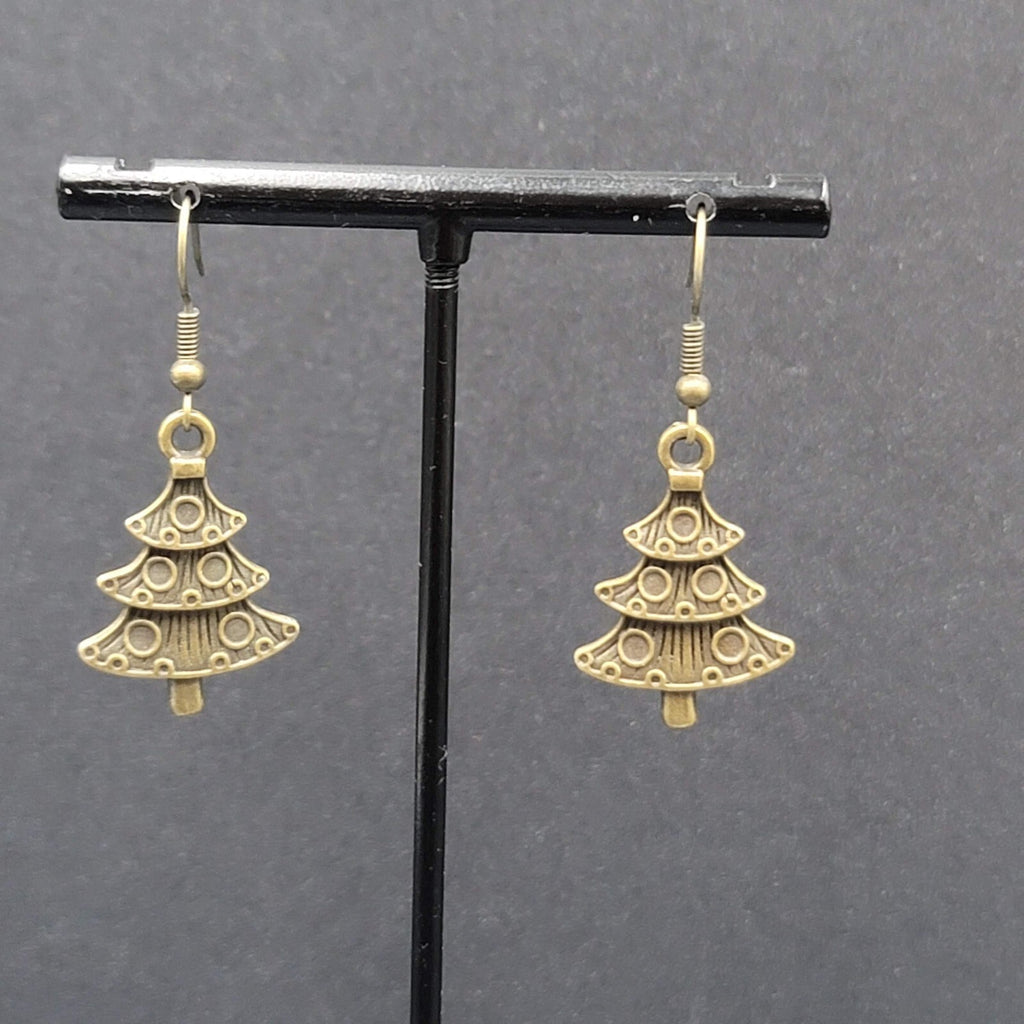 New Christmas Tree Pierced Earrings Embossed Bronze tone Dangle 1"