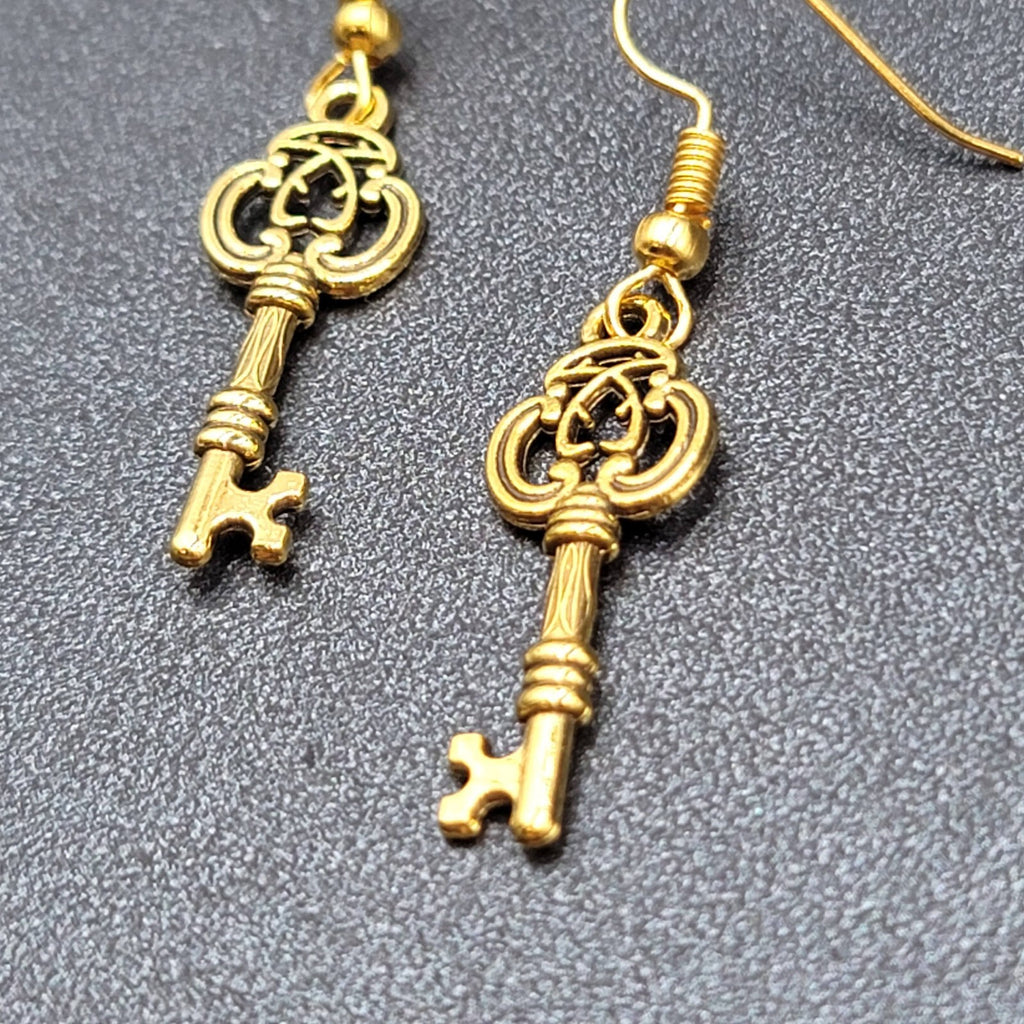 Skeleton Key Pierced Earrings Gold Plated Dangle 1"