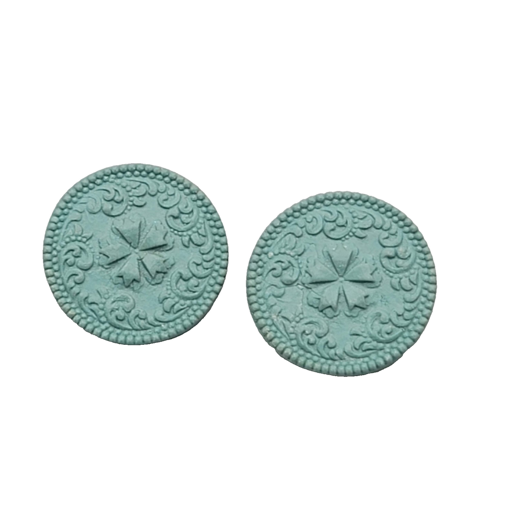 Vintage Embossed Pierced Earrings Green-Blue Round 1"