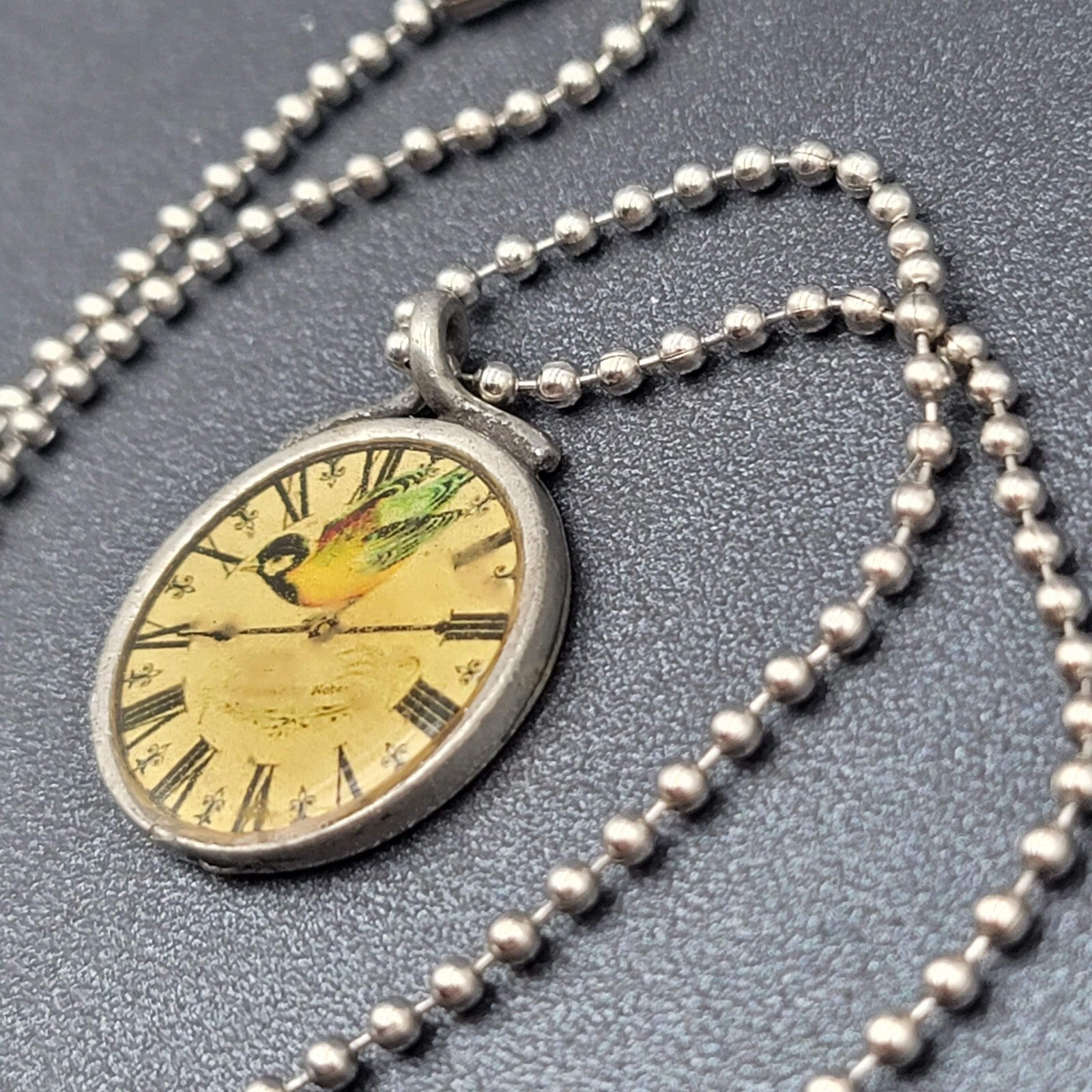Necklace Signed Isabella Silver tone Bird Clock Pendant Ball Chain 18"