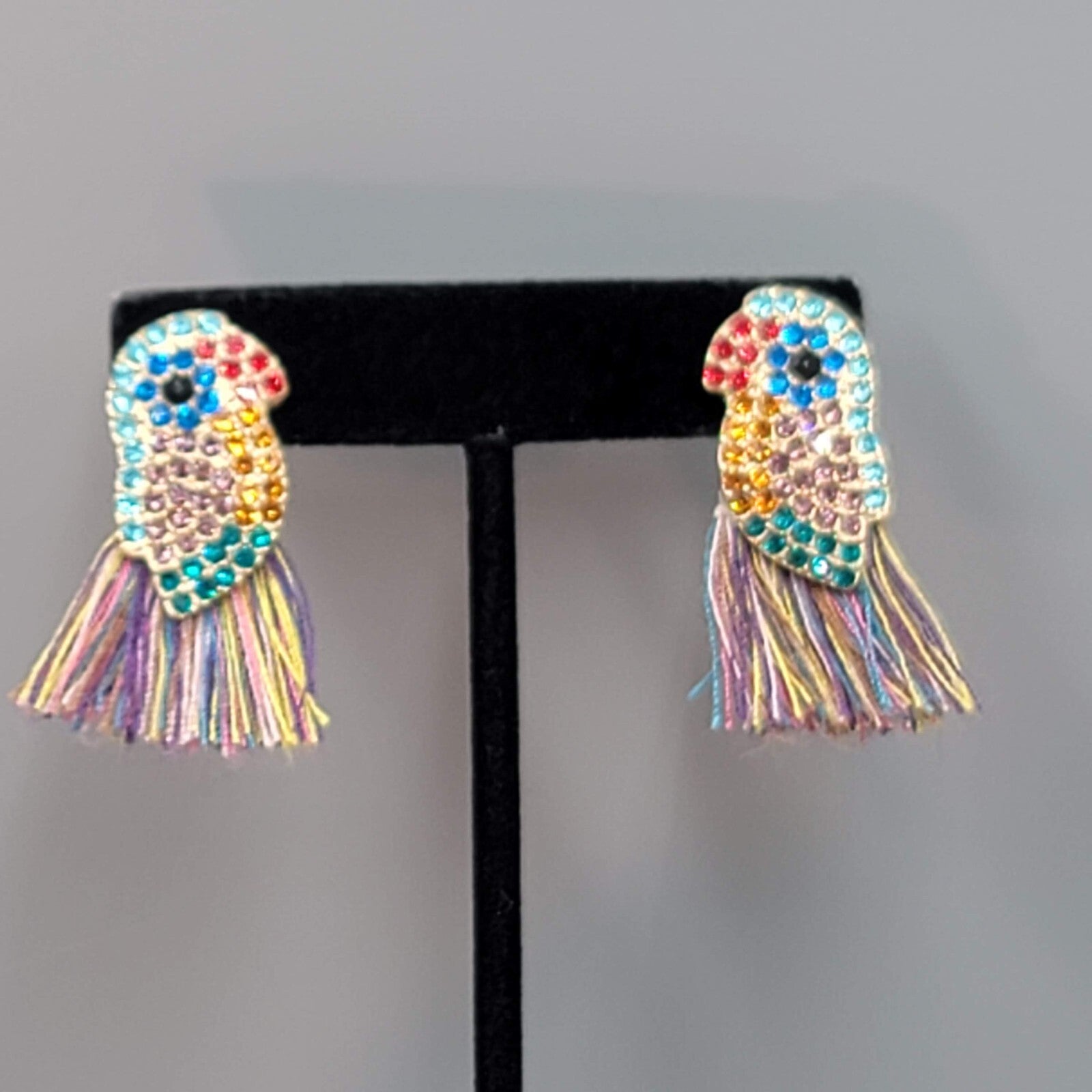 Crystal Bird Pierced Earrings Gold tone Multicolor Tassel 1.5"