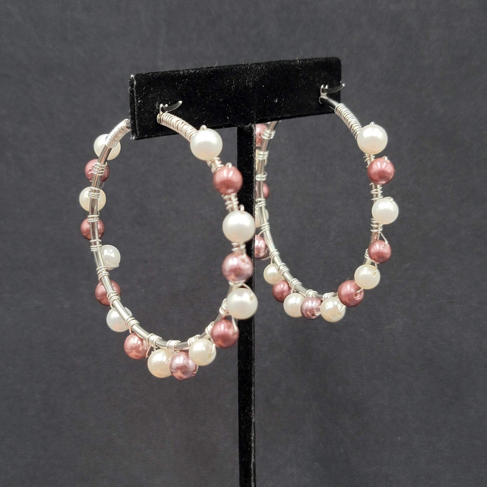 Pierced Earrings Silver tone Purple White Beaded Large Hoops 2.25"