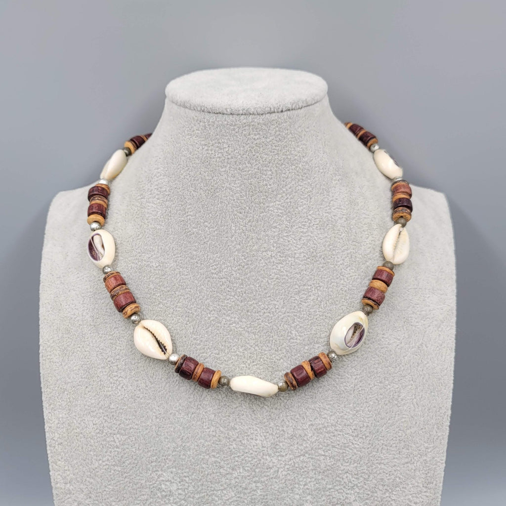 Vintage Seashell Wood Bead Necklace Men Women Unisex Beach Theme 18 in