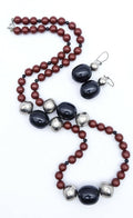 Vintage Long Beaded Necklace and Pierced Earrings Red Black Silver