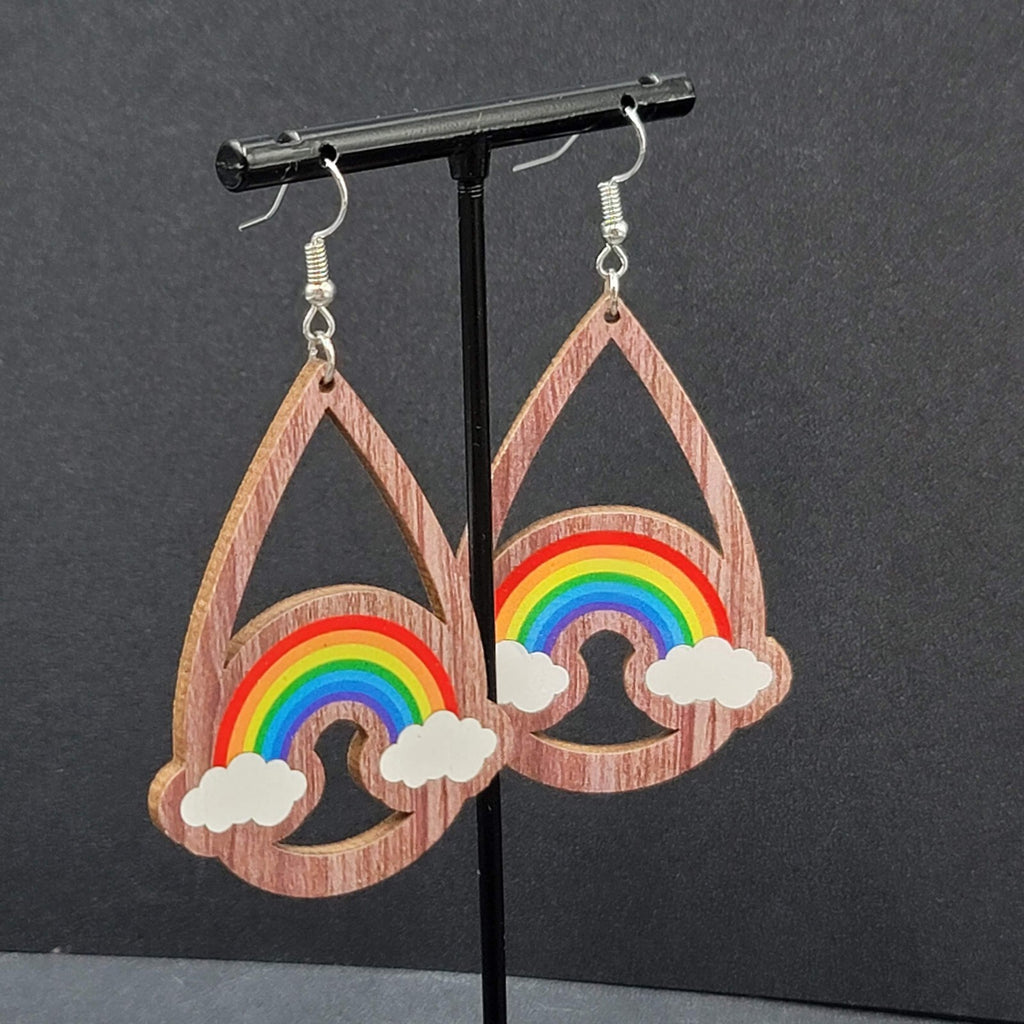 New Rainbow Pierced Earrings Pride Wood Teardrop Dangle 2.25"