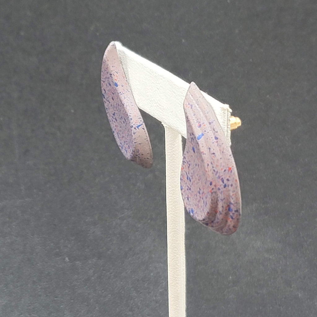 Vintage Pierced Earrings Purple Speckle Enamel Paisley Teardrop 1.5"