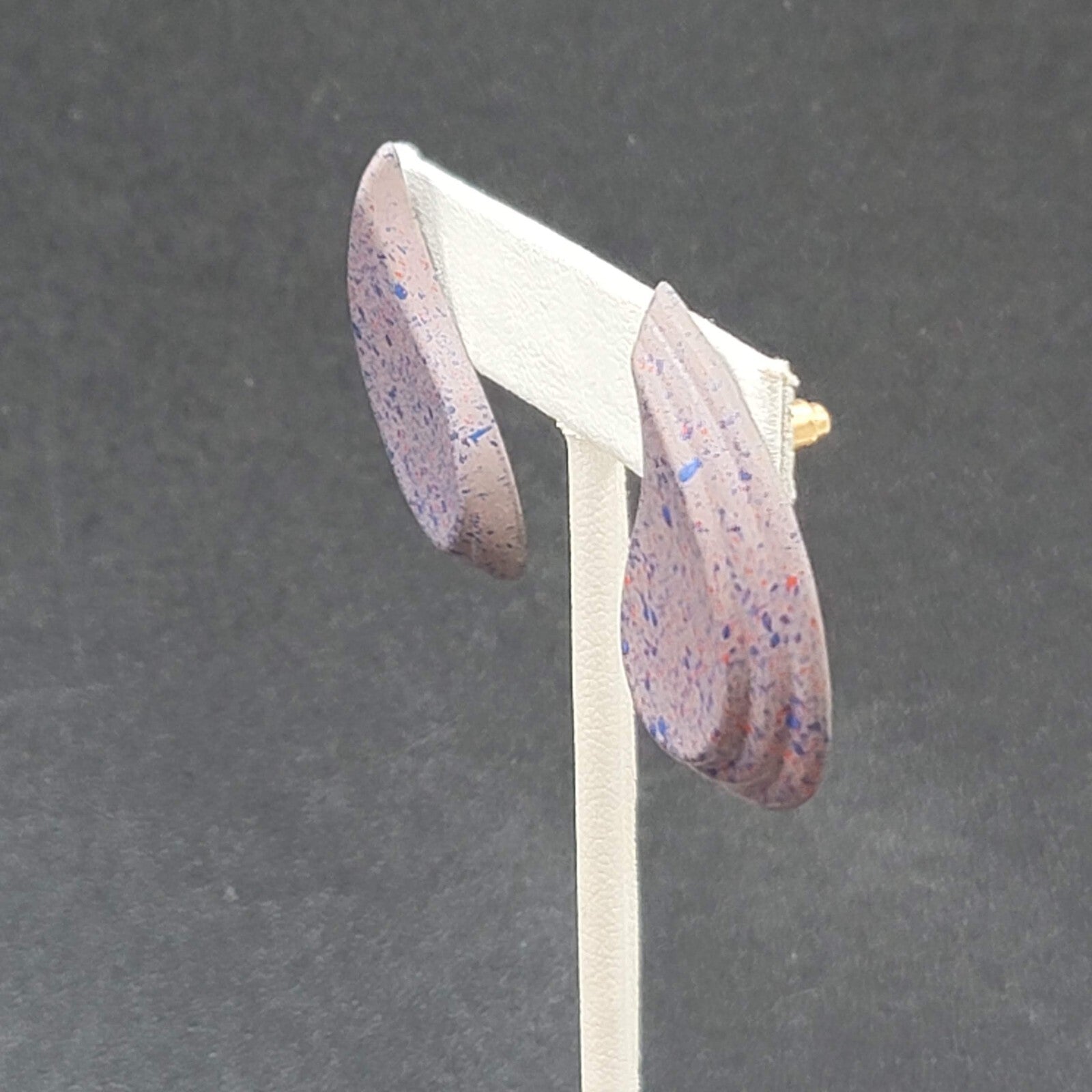 Vintage Pierced Earrings Purple Speckle Enamel Paisley Teardrop 1.5"
