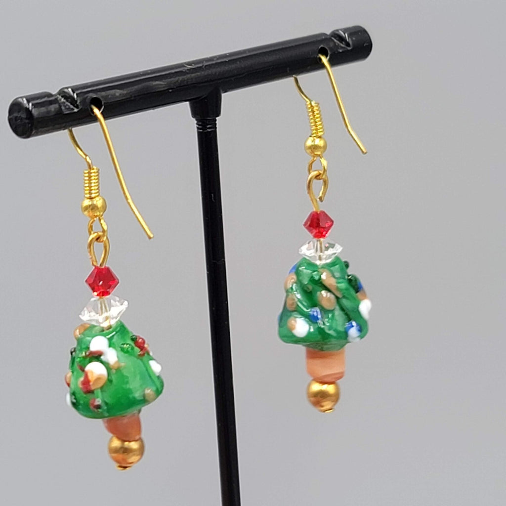 Christmas Tree Pierced Earrings Art Glass Bead Dangle 1.25"