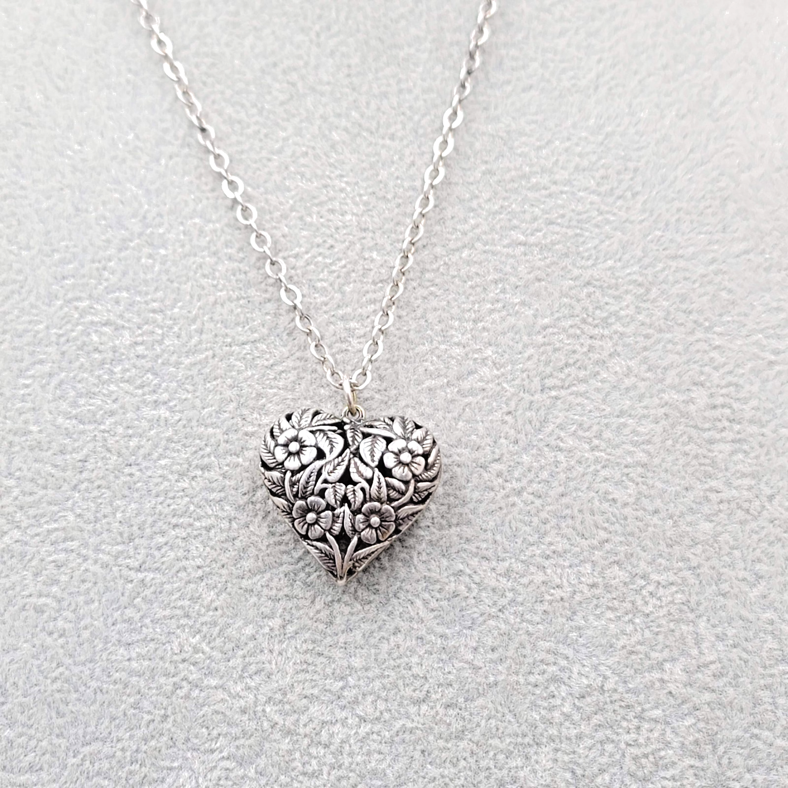 Sterling Silver Necklace Flower Embossed Puffy Heart Pendant Long Chain 30 in