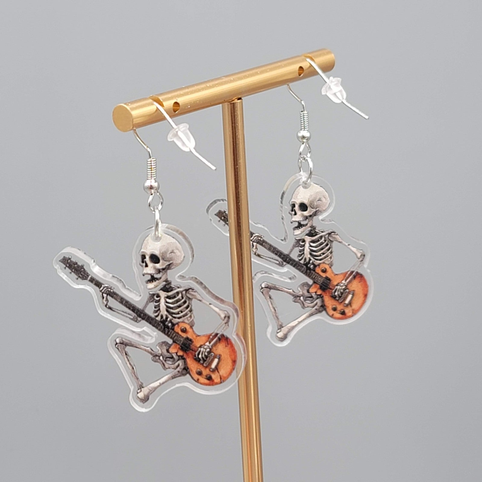 Halloween Skeleton Electric Guitar Pierced Earrings Silver tone Dangle 1.5 in