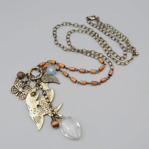 Charm Pendant Necklace Bronze tone Long Chain 28"