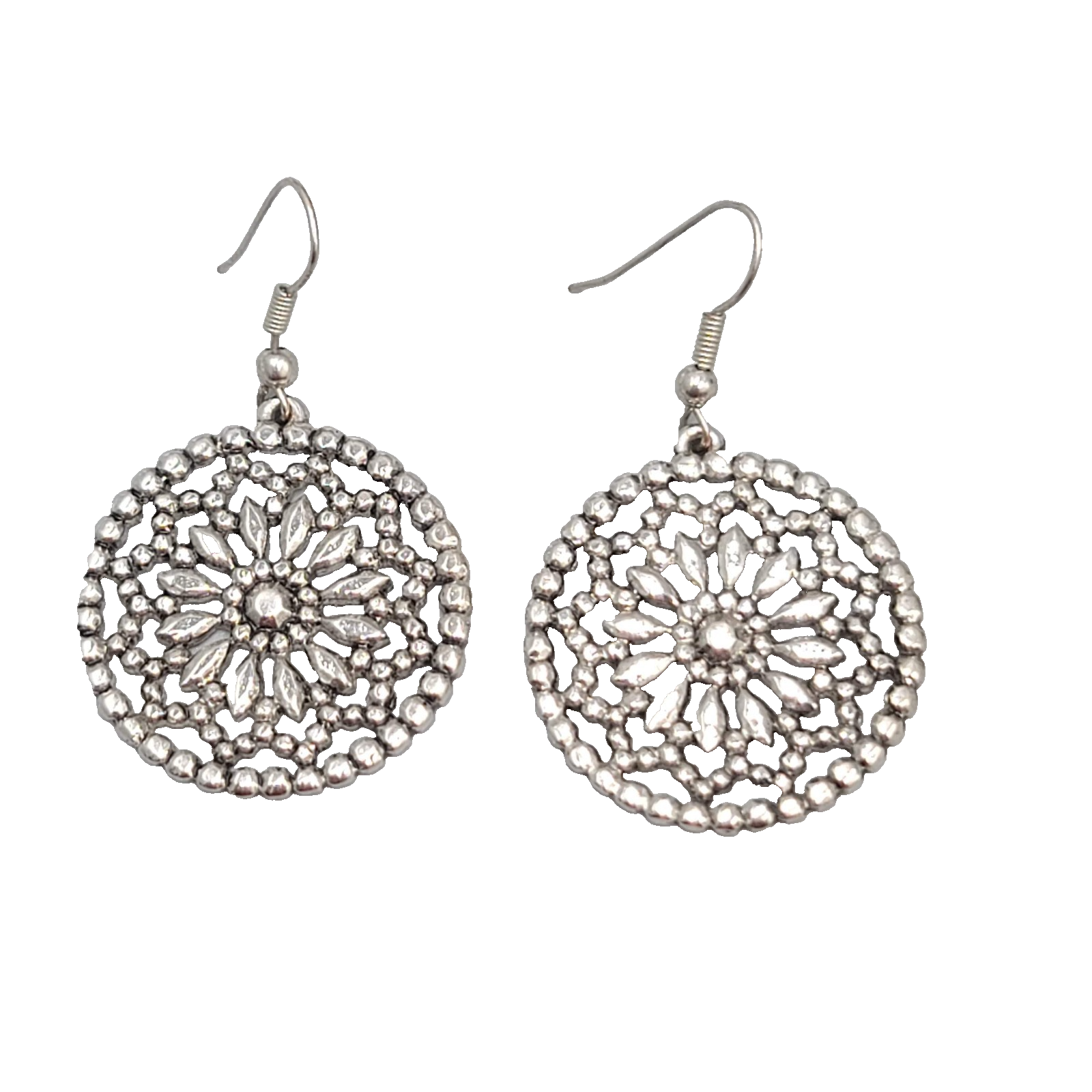 Open Work Flower Medallion Pierced Earrings Silver tone Dangle 1.25 in