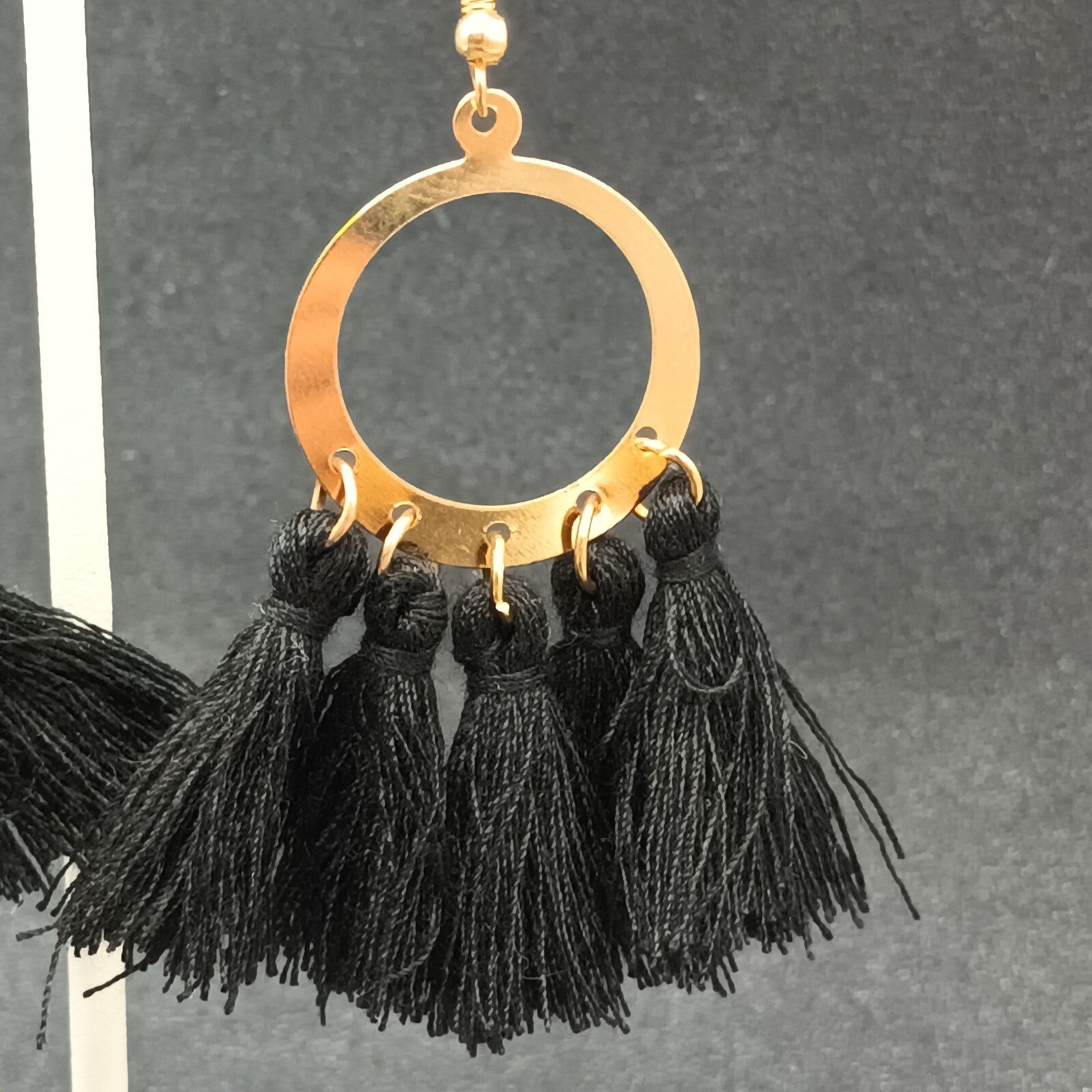 Boho Pierced Earrings Gold tone Circle Black Tassel Statement Dangle 2 1/4"