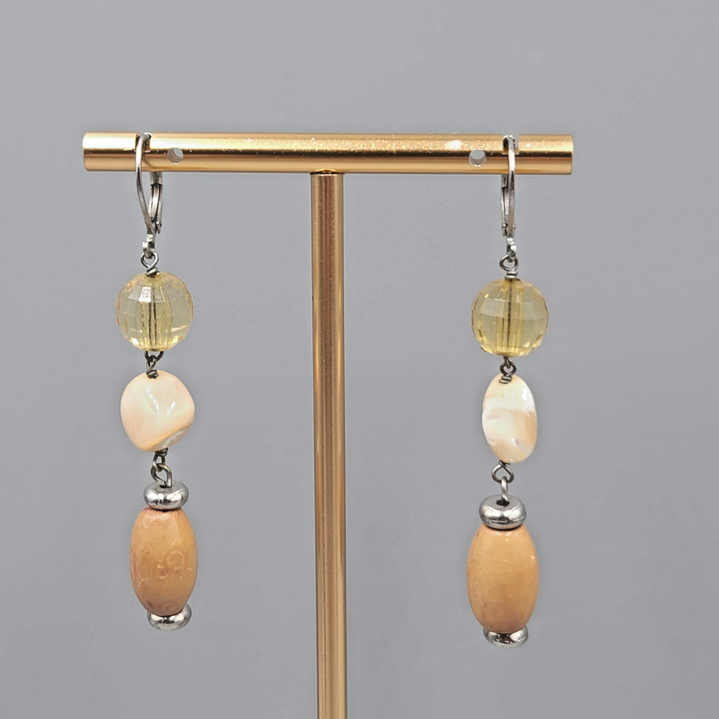 Shell and Wood Bead Pierced Earrings Silver tone Dangle 2 in