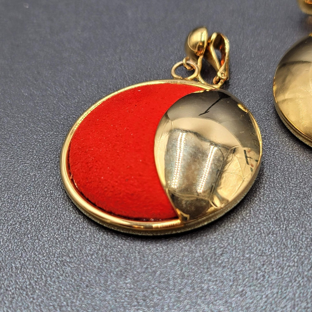 Vintage Clip on Earrings Large Statement Red Felt Gold tone  2.5"