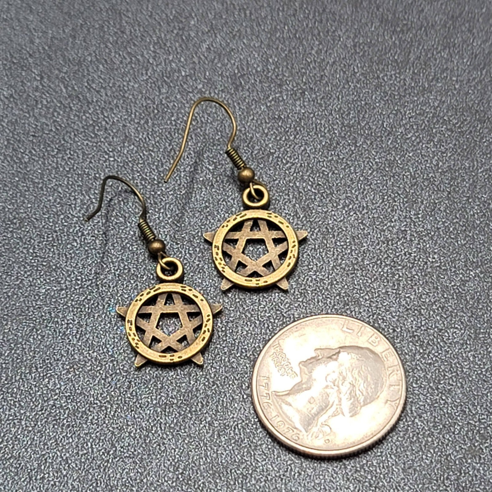 New Pentacle Pierced Earrings Star in Circle Bronze tone Dangle 3/4"