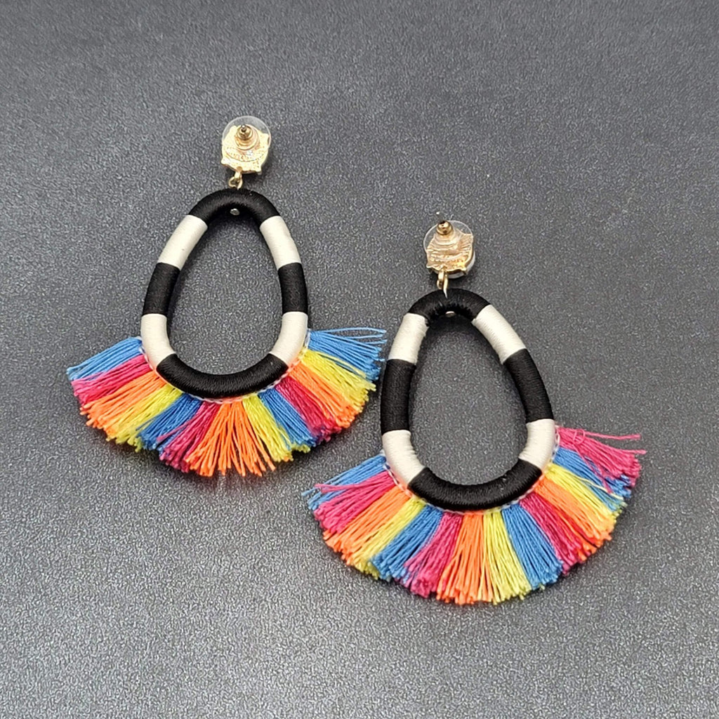SugarFix Pierced Earrings Rainbow Black White Tassel Dangle Hoops 3"