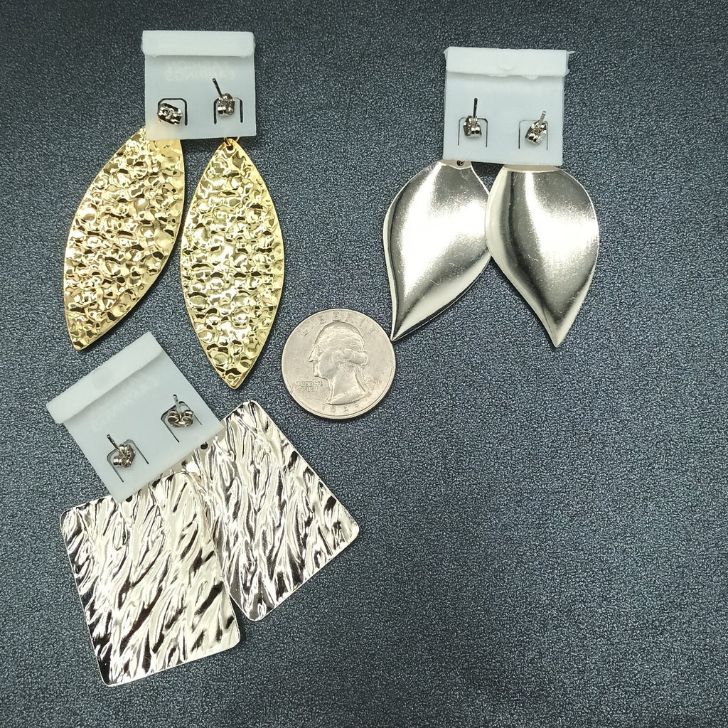 3 Pairs Vintage Pierced Earrings 80s Silver tone Gold tone Dangles NOS