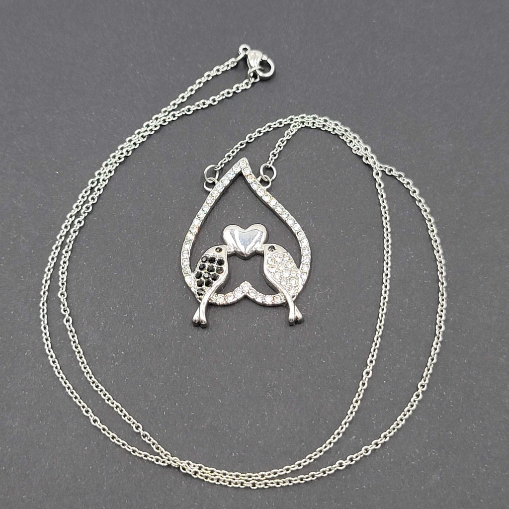 Bird Necklace Silver tone Black Clear Crystal Rhinestones Pendant 20"